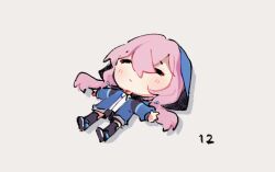Rule 34 | 1girl, arknights, black shorts, black thighhighs, blue jacket, blue poison (arknights), blush, chibi, closed eyes, closed mouth, collared shirt, commentary, dress shirt, full body, hair between eyes, hood, hood up, hooded jacket, jacket, long hair, long sleeves, low twintails, lying, on back, open clothes, open jacket, outstretched arms, pink hair, ruri (dailybloopy), shirt, shorts, simple background, solo, thighhighs, twintails, white background, white shirt
