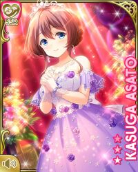 Rule 34 | 1girl, asato kasuga, blue eyes, bow, brown hair, card, character name, closed mouth, day, dress, elbow gloves, girlfriend (kari), gloves, hair bun, indoors, jewelry, necklace, official art, purple bow, purple dress, qp:flapper, red background, short hair, smile, solo, standing, tagme