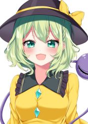 Rule 34 | 1girl, absurdres, bad id, bad twitter id, black hat, blouse, bow, breasts, buttons, collared shirt, commentary request, crystal, eyes visible through hair, fang, frills, green eyes, green hair, hair between eyes, hat, hat bow, heart, heart in eye, highres, jewelry, komeiji koishi, long sleeves, looking at viewer, medium breasts, open mouth, shinonome asu, shirt, short hair, simple background, smile, solo, symbol in eye, third eye, touhou, upper body, white background, wide sleeves, yellow bow, yellow shirt