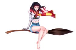 Rule 34 | bare legs, bare shoulders, barefoot, broom, broom riding, cosplay, epic fail project, erica naito, gryffindor, harry potter (series), highres, long hair, mechanical arms, mechanical parts, nimbus 2000, original, red hair, scarf, self-upload, solo, toes, transparent background, witch, wizarding world