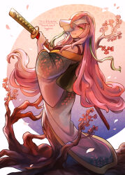 Rule 34 | 1girl, branch, cherry blossoms, closed mouth, falling petals, floating hair, flower, full body, green eyes, green hair, hands up, highres, hogara, holding, holding sword, holding weapon, japanese clothes, katana, kimono, long hair, long sleeves, looking at viewer, looking back, monster girl, multicolored hair, original, petals, pink background, pink flower, pink hair, plant girl, purple background, simple background, smile, solo, standing, streaked hair, sword, veil, very long hair, weapon, white background, wide sleeves