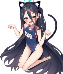 Rule 34 | 1girl, absurdly long hair, absurdres, animal ears, aris (blue archive), bad id, bad pixiv id, barefoot, black hair, blue archive, blue eyes, breasts, cat ears, cat tail, highres, long hair, name tag, new school swimsuit, one side up, paw pose, salukino, school swimsuit, simple background, small breasts, smile, solo, swimsuit, tail, very long hair, white background