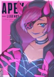Rule 34 | 1girl, absurdres, animification, apex legends, black gloves, black headwear, black jacket, blue eyes, breasts, cleavage, collarbone, copyright name, cyber punked wattson, electricity, eyepatch, gloves, highres, hiza (hmeu5333), hood, hooded jacket, horns, jacket, lipstick, logo, makeup, one eye covered, open hands, pink hair, purple lips, smile, solo, spikes, wattson (apex legends)