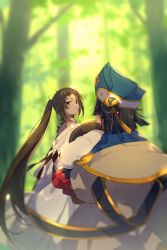 Rule 34 | 2girls, bare shoulders, bikini, black hair, blue headwear, blurry, blurry background, breasts, brown eyes, brown hair, chinese clothes, doll, echo (circa), eyewear on head, fate/grand order, fate (series), forest, hair ornament, hairpin, hat, holding, holding doll, long hair, long sleeves, medium breasts, multiple girls, nature, open clothes, open mouth, robe, short hair, small breasts, sunglasses, swimsuit, twintails, very long hair, white bikini, white robe, wide sleeves, xu fu (fate), yu mei-ren (fate), yu mei-ren (swimsuit lancer) (fate)