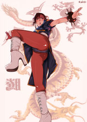 Rule 34 | 1girl, boots, bracelet, brown eyes, brown hair, bun cover, capcom, china dress, chinese clothes, chun-li, dragon, dress, fighting stance, from below, high heel boots, high heels, jewelry, knee boots, leg lift, open mouth, panties, pantyhose, sbel02, signature, solo, spiked bracelet, spikes, standing, standing on one leg, street fighter, underwear