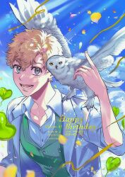 Rule 34 | 1boy, animal, animal on shoulder, balloon, bird, blonde hair, blue eyes, collared shirt, dated, day, green vest, hanagaki takemichi, hand up, happy birthday, heart balloon, highres, jacket, knpn 81, looking at viewer, male focus, open mouth, outdoors, owl, shirt, short hair, sky, sleeves rolled up, smile, solo, tokyo revengers, twitter username, upper body, v-shaped eyebrows, vest, white jacket, white shirt