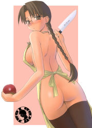 Rule 34 | 00s, 1girl, apple, apron, ass, braid, breasts, brown eyes, brown hair, food, fruit, glasses, holding, holding food, holding fruit, hoshina tomoko, knife, long hair, naked apron, no panties, sideboob, single braid, solo, thighhighs, to heart, to heart (series), to heart 2, tsuina