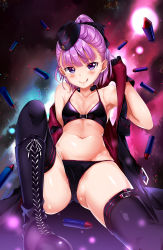 Rule 34 | 1girl, :q, absurdres, artist request, bikini, black bikini, black footwear, black gloves, black thighhighs, breasts, fate/grand order, fate (series), garrison cap, gloves, half updo, hat, helena blavatsky (fate), helena blavatsky (swimsuit archer) (fate), helena blavatsky (swimsuit archer) (third ascension) (fate), highres, jacket, looking at viewer, nishimi shin, ponytail, purple eyes, purple hair, shell casing, short hair, small breasts, smile, solo, swimsuit, thighhighs, tongue, tongue out