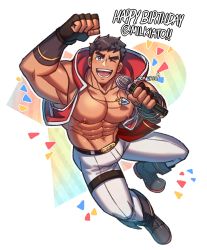 Rule 34 | 1boy, abs, arm up, armpits, artist name, bara, biceps, blue eyes, boots, brown hair, fingerless gloves, gloves, happy birthday, highres, hood, hooded jacket, jacket, jewelry, jumping, large pectorals, leather, leather belt, looking at viewer, male focus, manly, mature male, microphone, muscular, muscular male, necklace, nipples, no shirt, one eye closed, oneirio, open clothes, open jacket, open mouth, original, pants, pectorals, short hair, signature, simple background, smile, solo, teeth, thick arms, thick eyebrows, tongue, white background