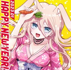 Rule 34 | 1girl, :d, animal ears, arm up, artist name, barbed wire, blue bow, blue eyes, blush, bow, breasts, carrot, cleavage, danganronpa (series), danganronpa v3: killing harmony, dated, floral print, happy new year, iruma miu, japanese clothes, kimono, large breasts, long hair, mikao (eanv5385), new year, open mouth, pink kimono, rabbit ears, rabbit girl, smile, solo, yellow background