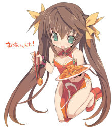 Rule 34 | 10s, 1girl, blade (galaxist), bracelet, brown hair, china dress, chinese clothes, chopsticks, dress, fang, food, green eyes, huang lingyin, infinite stratos, jewelry, long hair, no socks, open mouth, simple background, solo, twintails