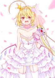 Rule 34 | 1girl, :d, ahoge, alternate hair length, alternate hairstyle, bare shoulders, blonde hair, blush, bouquet, bridal veil, commentary request, crown, crystal, dress, fang, flandre scarlet, flower, gloves, hair flower, hair ornament, highres, holding, holding bouquet, jewelry, long hair, looking at viewer, mini crown, necklace, open mouth, petals, pink flower, pink garter straps, pink gloves, pink neckwear, pink rose, red eyes, rose, sakuramiya nya, short dress, side ponytail, sleeveless, sleeveless dress, smile, solo, strapless, strapless dress, thighhighs, tilted headwear, touhou, veil, waist cape, wedding dress, white dress, white thighhighs, wings