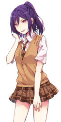 Rule 34 | 1girl, :d, bang dream!, brown necktie, brown skirt, chromatic aberration, collared shirt, commentary request, hair between eyes, half updo, hand in own hair, haneoka school uniform, highres, looking at viewer, miniskirt, nashieshina, necktie, open mouth, plaid, plaid skirt, purple hair, red eyes, school uniform, seta kaoru, shirt, short sleeves, sidelocks, simple background, skirt, smile, solo, striped necktie, striped neckwear, sweater vest, white background, white shirt