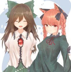 Rule 34 | 2girls, :3, animal ear fluff, animal ears, black bow, black hair, blush, bow, bowtie, braid, brown hair, cat ears, cropped legs, dress, extra ears, closed eyes, floral print, ghost, green bow, green dress, green skirt, highres, hitodama, kaenbyou rin, long sleeves, marisuku, multiple girls, open mouth, puffy short sleeves, puffy sleeves, red bow, red bowtie, red eyes, red hair, reiuji utsuho, shirt, short sleeves, simple background, skirt, slit pupils, smile, third eye, touhou, twin braids, white background, white shirt