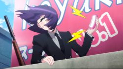 Rule 34 | 10s, 1girl, animated, animated gif, business suit, cellphone, cyclops, closed eyes, manako, monster girl, monster musume no iru nichijou, necktie, one-eyed, phone, purple hair, short hair, solo