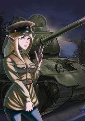 Rule 34 | 1girl, absurdres, artist request, blonde hair, blue eyes, breasts, caterpillar tracks, elf, highres, long hair, military, military uniform, military vehicle, motor vehicle, night, original, pointy ears, solo, standing, t-34, t-34-85, t-34/85, tank, tree, uniform