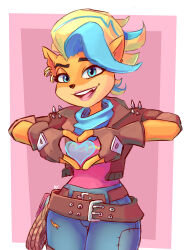 Rule 34 | 1girl, alex toons, belt, blonde hair, blue eyes, blue hair, brown jacket, crash bandicoot (series), denim, earrings, furry, furry female, heart, heart hands, heart in heart hands, initial, jacket, jeans, jewelry, looking at viewer, medium hair, multicolored hair, open clothes, open jacket, open mouth, pants, pink shirt, shirt, simple background, solo, tawna bandicoot, teeth, two-tone hair, upper teeth only