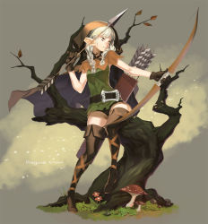 Rule 34 | 1girl, 92m, arrow (projectile), blonde hair, boots, bow (weapon), braid, dragon&#039;s crown, elf (dragon&#039;s crown), gloves, hood, mushroom, pointy ears, solo, thigh boots, thighhighs, tree, twin braids, weapon