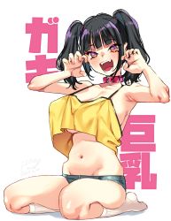 Rule 34 | 1girl, absurdres, armpits, arms up, belt collar, black hair, blunt bangs, blush, breasts, claw pose, collar, collarbone, commentary request, covered erect nipples, dated, fangs, fingernails, full body, groin, hands up, highres, kanji, karasuma yayoi, kneehighs, long hair, looking at viewer, navel, no bra, open mouth, oppai loli, orange eyes, original, pink collar, sasaki kanna (kaedeko), seiza, shiny skin, short shorts, shorts, signature, simple background, sitting, smile, socks, solo, teeth, tongue, twintails, underboob, white background, white socks