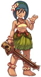Rule 34 | 1girl, blue eyes, blue skin, chainsaw, colored skin, dark skin, flower, indivisible, leilani, tagme, weapon