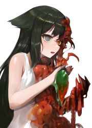 Rule 34 | 1girl, bad id, bad pixiv id, bare arms, black sclera, blood, blood on clothes, blood splatter, colored sclera, commentary, dokomon, dress, eating, flipped hair, green hair, grey eyes, guro, highres, holding, horror (theme), intestines, long hair, looking at viewer, mismatched sclera, monster girl, open mouth, organs, ribs, saya (saya no uta), saya no uta, simple background, solo, spaghetti strap, talons, unsure, white background, white dress, yellow eyes