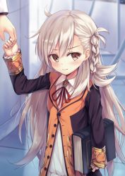 Rule 34 | 1girl, aged down, blush, book, braid, brooch, brown eyes, buttons, fate/grand order, fate (series), holding hands, jewelry, long hair, long sleeves, looking at viewer, olga marie animusphere, oukatihiro, shirt, silver hair, solo focus, white shirt, wing collar