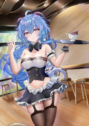 Rule 34 | 1girl, absurdres, black thighhighs, blue hair, bow, bowtie, breasts, cafe, cleavage, cup, ganyu (genshin impact), garter straps, genshin impact, hair between eyes, hand up, highres, holding, holding tray, horns, large breasts, legs together, long hair, maid, medium breasts, midriff, mizi gi, purple eyes, smile, solo, table, teacup, thighhighs, thighs, tray, window, wooden chair, wooden floor, wooden table