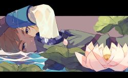 Rule 34 | 1boy, armor, blonde hair, blue eyes, brown background, brown gloves, chainmail, flower, gloves, green tunic, hand on own head, highres, letterboxed, lily pad, link, looking at viewer, lying, male focus, nintendo, on back, partially submerged, pink flower, pisu 1107, shirt, solo, the legend of zelda, the legend of zelda: skyward sword, wet, wet clothes, white shirt