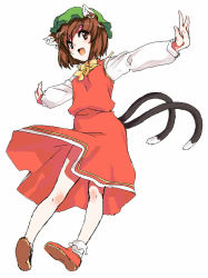 Rule 34 | 1girl, animal ears, bad id, bad pixiv id, brown eyes, brown hair, chen, dress, earrings, fang, female focus, full body, happy, hat, jewelry, kirisato itsuki, multiple tails, oekaki, outstretched arms, short hair, simple background, smile, solo, spread arms, tail, touhou, white background