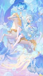 Rule 34 | 1girl, absurdres, atdan, blue hair, furina (genshin impact), genshin impact, highres, horse, light blue hair, long sleeves, looking at viewer, one eye closed, open mouth, sitting, smile, solo, thighhighs