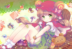 Rule 34 | 1girl, animal bag, bag, bandaid, bandaid on knee, bandaid on leg, bear bag, bell, blush, bobby socks, box, bracelet, brown hair, candy, candy cane, christmas, christmas ornaments, closed mouth, ech, food, gift, gift box, gingerbread man, green eyes, hat, highres, jewelry, long hair, looking at viewer, low twintails, mary janes, original, overalls, puffy short sleeves, puffy sleeves, red footwear, red hat, ribbon, shirt, shoes, short sleeves, shoulder bag, sitting, smile, socks, solo, star (symbol), striped ribbon, twintails, white shirt, white socks