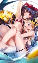 Rule 34 | 2girls, abigail williams (fate), akieda, armpits, ass, bare shoulders, bikini, black bikini, blonde hair, blue eyes, blunt bangs, blush, bow, breasts, cleavage, commentary request, crying, crying with eyes open, eyewear on head, fate/grand order, fate (series), hair bow, highres, katsushika hokusai (fate), katsushika hokusai (painting summer) (fate), midriff, multiple girls, multiple hair bows, official alternate costume, one eye closed, open mouth, parted bangs, simple background, sleeveless, small breasts, strapless, sunglasses, swimsuit, tears, teeth, tentacles, tongue, tube top, underboob, water, white background