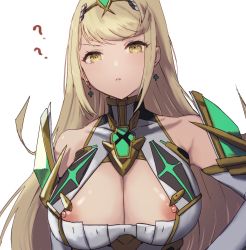 Rule 34 | 1girl, ?, bare shoulders, blonde hair, breasts, chest jewel, cleavage, cleavage cutout, clothing cutout, confused, dot nose, dress, earrings, elbow gloves, gloves, headpiece, highres, jewelry, large breasts, long hair, looking at viewer, matching hair/eyes, mythra (xenoblade), nintendo, nipple slip, nipples, shiny skin, solo, standing, swept bangs, tiara, upper body, very long hair, wardrobe malfunction, white background, white dress, white gloves, xenoblade chronicles (series), xenoblade chronicles 2, yamamori kinako, yellow eyes