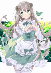 Rule 34 | 1girl, animal bag, apron, blush, bow, closed mouth, commentary, floating hair, frilled apron, frilled skirt, frills, green bow, green eyes, green skirt, grey hair, hair between eyes, hair ornament, hairclip, heart, heart hands, highres, horns, long hair, long sleeves, looking at viewer, original, outline, puffy long sleeves, puffy sleeves, shirt, skirt, smile, solo, symbol-only commentary, tantan men (dragon), thighhighs, very long hair, waist apron, white apron, white outline, white shirt, white thighhighs