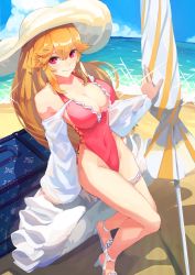 Rule 34 | 1girl, absurdres, aoiro (t aoiro123), azur lane, bare shoulders, beach, beach umbrella, blonde hair, blue sky, breasts, cleavage, closed mouth, cloud, cloudy sky, commentary request, covered navel, day, fingernails, frills, full body, hay, highleg, highleg swimsuit, highres, looking at viewer, medium breasts, narrow waist, one-piece swimsuit, outdoors, pink eyes, pink one-piece swimsuit, richelieu (azur lane), richelieu (fleuron of the waves) (azur lane), sky, smile, swimsuit, thigh strap, umbrella
