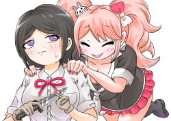 Rule 34 | 2girls, arms up, bent over, black footwear, black hair, black shirt, blonde hair, blush, bow, bowtie, breasts, brown gloves, cleavage, closed eyes, closed mouth, collarbone, danganronpa: trigger happy havoc, danganronpa (series), enoshima junko, eyelashes, female focus, fingernails, freckles, gloves, hair bow, hair ornament, hands on another&#039;s shoulders, highres, holding, holding knife, holding weapon, ikusaba mukuro, incest, knife, large breasts, looking at another, looking back, medium breasts, multicolored bow, multiple girls, nail polish, neck ribbon, open mouth, parted bangs, parted hair, pleated skirt, purple eyes, rabbit hair ornament, red bow, red nails, red ribbon, red skirt, ribbon, shirt, short sleeves, siblings, simple background, sisters, skirt, sweat, sweatdrop, twincest, twins, twintails, weapon, white background, white bow, white shirt, yuri