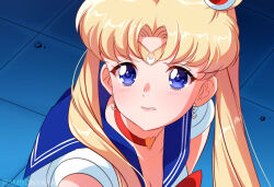 Rule 34 | 1girl, artist name, bishoujo senshi sailor moon, blonde hair, blue background, blue eyes, blue sailor collar, bow, bowtie, breasts, choker, circlet, cleavage, commentary, crescent, crescent earrings, dangle earrings, derivative work, double bun, earrings, english commentary, eyelashes, hair bun, hair ornament, heart, heart choker, jewelry, leotard, light blush, long hair, magical girl, medium breasts, meme, nyahallo, parted bangs, parted lips, red bow, red bowtie, red choker, sailor collar, sailor moon, sailor moon redraw challenge (meme), screencap redraw, short sleeves, solo, tile floor, tiles, twintails, upper body, wavy mouth, white leotard, white sleeves
