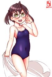 Rule 34 | 1girl, adjusting eyewear, alternate costume, arm at side, artist logo, black hair, blue-framed eyewear, blue one-piece swimsuit, blush, breasts, collarbone, commentary request, competition school swimsuit, covered navel, dated, from side, glasses, green eyes, hair between eyes, hand up, highres, holding, holding towel, kanon (kurogane knights), kantai collection, looking at viewer, multicolored hair, okinami (kancolle), one-piece swimsuit, one-piece tan, one side up, open mouth, pink hair, revision, round teeth, school swimsuit, short hair, simple background, sketch, small breasts, smile, solo, standing, swimsuit, tan, tanline, teeth, towel, upper teeth only, white background, white towel