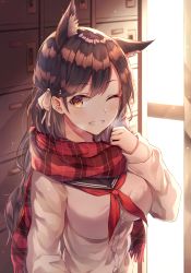 Rule 34 | 1girl, absurdres, animal ears, atago (azur lane), azur lane, blush, breasts, commentary request, hair ornament, hair ribbon, highres, indoors, large breasts, long sleeves, looking at viewer, one eye closed, red scarf, ribbon, sarika, scarf, school uniform, serafuku, shirt, smile, solo, white ribbon, white shirt