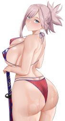 Rule 34 | absurdres, american flag bikini, american flag print, arind yudha, ass, asymmetrical hair, bikini, blue eyes, breasts, cowboy shot, fate/grand order, fate (series), flag print, from behind, highres, huge ass, large breasts, looking at viewer, looking back, miyamoto musashi (fate), miyamoto musashi (fate/grand order), miyamoto musashi (swimsuit berserker) (fate), miyamoto musashi (swimsuit berserker) (second ascension) (fate), pink hair, print bikini, print swimsuit, scabbard, sheath, swept bangs, swimsuit, sword, weapon, wet, white background