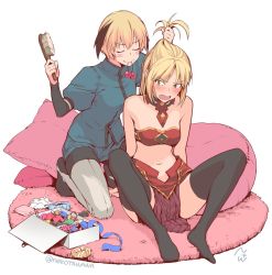 Rule 34 | 2girls, bad id, bad twitter id, bandeau, black legwear, blonde hair, blush, blush stickers, box, cushion, detached collar, fate/grand order, fate (series), feet, gareth (fate), hair bobbles, hair brush, hair ornament, hair tie in mouth, mordred (fate), mordred (fate/apocrypha), mouth hold, multiple girls, navel, nekotawawa, pantyhose, siblings, sisters, sitting, spread legs, thighhighs, v-shaped eyebrows
