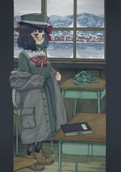 Rule 34 | 1girl, absurdres, black hair, blue eyes, boots, bouhuman, bow, bowtie, brown footwear, check copyright, classroom, commentary request, commission, copyright request, from side, full body, glasses, green serafuku, green skirt, hat, highres, hill, indoors, long skirt, medium hair, notebook, original, red bow, red bowtie, scarf, school uniform, semi-rimless eyewear, serafuku, skeb commission, skirt, snow on headwear, snowing, solo, town, under-rim eyewear, window