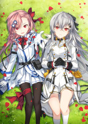 Rule 34 | 2girls, ammunition, ammunition belt, arm at side, armband, asymmetrical hair, badge, black socks, blouse, blush, bow, braid, collared jacket, collared shirt, commentary request, cowboy shot, eyebrows, eyes visible through hair, frown, girls&#039; frontline, gloves, grass, gun, hair between eyes, hair lift, hair ornament, hair ribbon, hairclip, hexagram, highres, holster, iws 2000 (girls&#039; frontline), jacket, kneehighs, knees up, leg ribbon, long hair, looking at viewer, lying, medal, military, military uniform, multiple girls, negev (girls&#039; frontline), outdoors, outstretched hand, own hands together, panties, pantyhose, petals, pink hair, red bow, red eyes, ress, ribbon, shirt, silver hair, single braid, skirt, smile, socks, star of david, strap, thighs, underwear, uniform, weapon, white gloves, wind