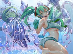 Rule 34 | 1girl, air bubble, animal, barefoot, beamed quavers, bikini, breasts, breath, bubble, curvy, fish, floating hair, freediving, gloves, green eyes, green hair, hatsune miku, holding breath, large breasts, long hair, matching hair/eyes, musical note, nasipasuta, necktie, open mouth, quaver, solo, staff (music), swimming, swimsuit, twintails, underboob, underwater, very long hair, vocaloid, whale