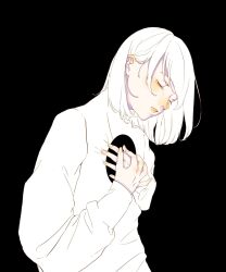 Rule 34 | 1girl, black background, closed eyes, hands on own chest, hands up, highres, hole in chest, hole on body, long sleeves, medium hair, original, parted lips, shim 46, shirt, short hair, simple background, solo, sweater, upper body, white hair