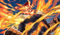 1boy abs action beard boku_no_hero_academia clenched_teeth commentary_request constricted_pupils endeavor_(boku_no_hero_academia) facial_hair fiery_background fiery_hair fighting_stance fire flaming_eye highres male_focus muscular mustache skin_tight solo spiked_hair teeth yomoyama_yotabanashi