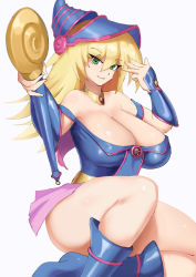 Rule 34 | 1girl, absurdres, bare shoulders, blonde hair, blue footwear, blue hat, breasts, closed mouth, collarbone, dark magician girl, duel monster, eyelashes, gem, green eyes, grey background, hair between eyes, hat, highres, holding, holding wand, large breasts, long hair, looking at viewer, magician, naka (umomoko), off shoulder, pentagram, red gemstone, simple background, sitting, smile, solo, wand, yu-gi-oh!