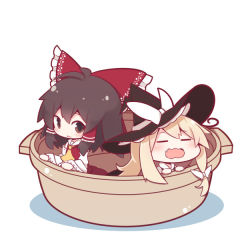 Rule 34 | 2girls, ascot, bad id, bad pixiv id, beni shake, blonde hair, bow, bowl, braid, brown eyes, brown hair, chibi, closed eyes, detached sleeves, fang, hair bow, hakurei reimu, hat, hat bow, in bowl, in container, kirisame marisa, long sleeves, mini person, minigirl, multiple girls, open mouth, revision, shirt, simple background, single braid, skirt, skirt set, touhou, wavy mouth, white background, wide sleeves, witch hat