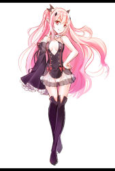 Rule 34 | 10s, 1girl, bad id, bad pixiv id, black legwear, breasts, detached sleeves, hair ornament, hand on own hip, krul tepes, long hair, medium breasts, open mouth, owari no seraph, pink hair, red eyes, simple background, smile, solo, very long hair, white background, zhenming