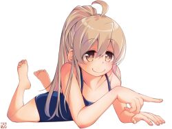 Rule 34 | 1girl, ahoge, barefoot, blue one-piece swimsuit, brown eyes, casual one-piece swimsuit, chuutaro metal, commentary, genderswap, genderswap (mtf), grey hair, long hair, lying, multicolored hair, on stomach, one-piece swimsuit, onii-chan wa oshimai!, oyama mahiro, simple background, smile, solo, swimsuit, white background
